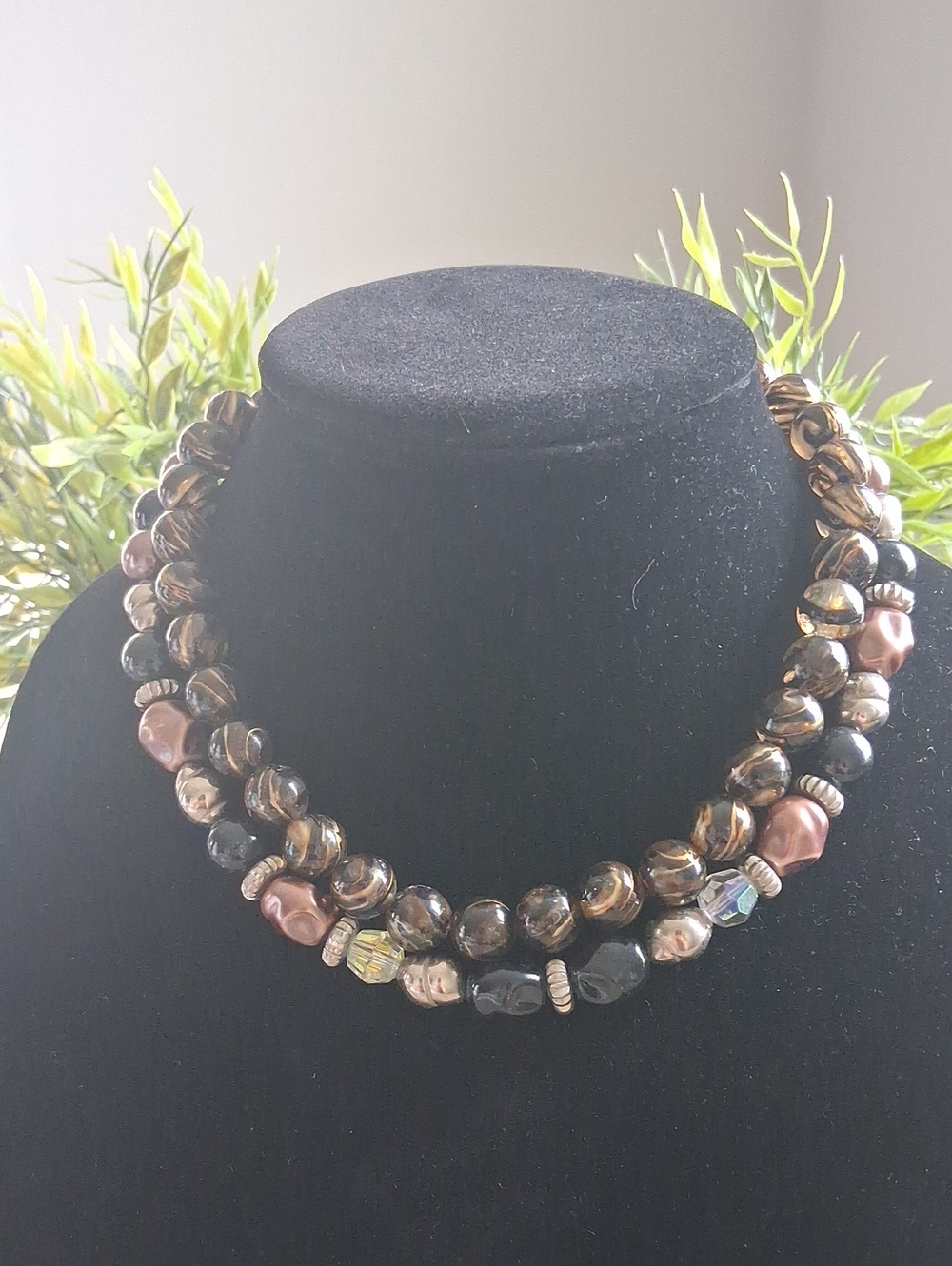 Vintage Two-Strand Beaded Choker Necklace Earth-Tone Glass And Resin Beads